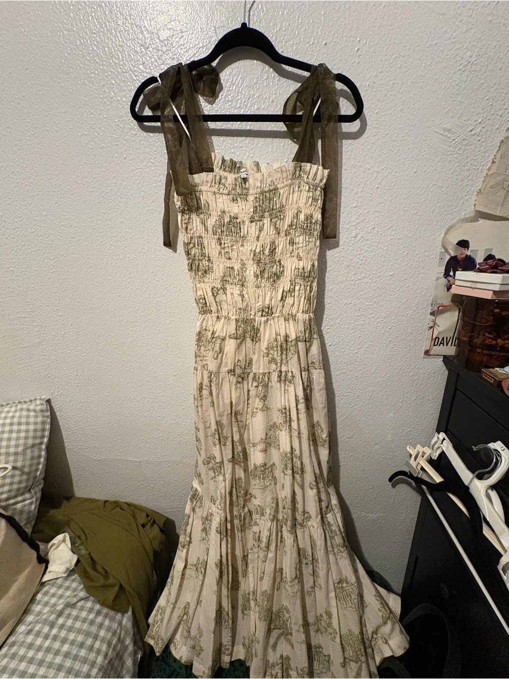 En Saison Cream Maxi Dress with Olive Toile and Tie Straps
